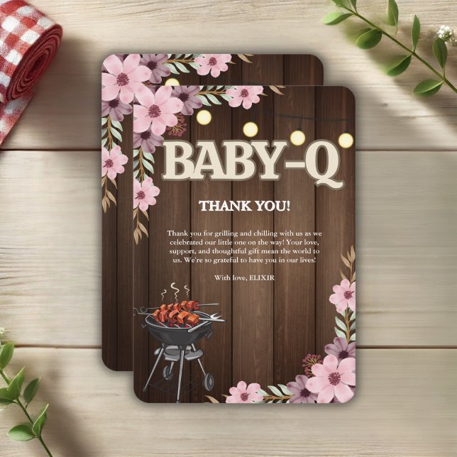 Elegant Rustic Floral Baby-Q Grill Baby Shower Thank You Card (Creator Uploaded)