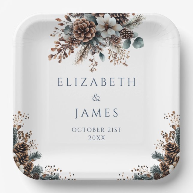 Elegant Rustic Floral Forest Pinecones Wedding Paper Plate (Front)