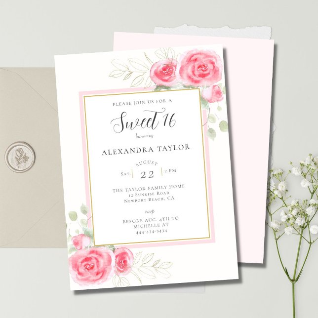 Elegant Rustic Floral Frame Roses Script Sweet 16 Invitation (Creator Uploaded)