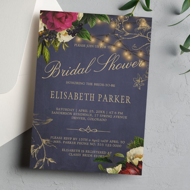 Elegant rustic floral navy burgundy bridal shower invitation (Creator Uploaded)
