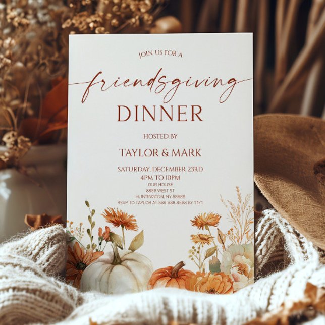 Elegant Rustic Floral Pumpkin Friendsgiving Dinner Invitation (Creator Uploaded)