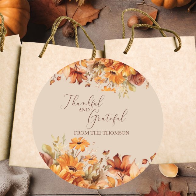 Elegant Rustic Floral Thankful and Gratetful Classic Round Sticker (Creator Uploaded)