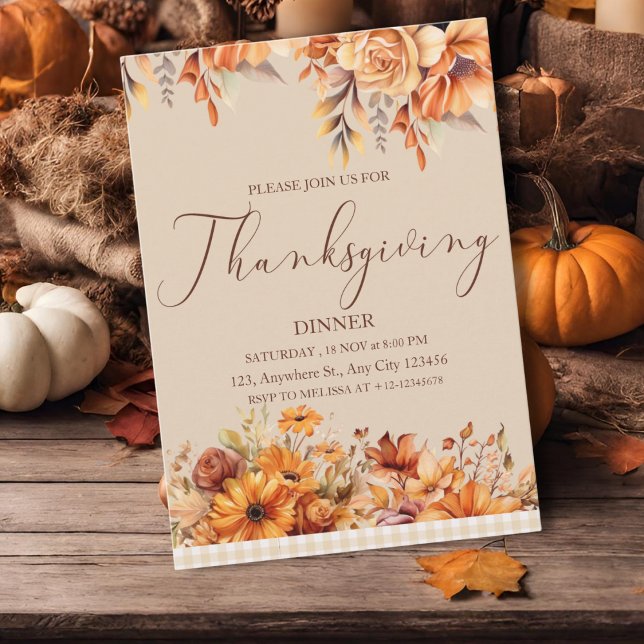 Elegant Rustic Floral Thanksgiving Dinner  Invitation (Creator Uploaded)