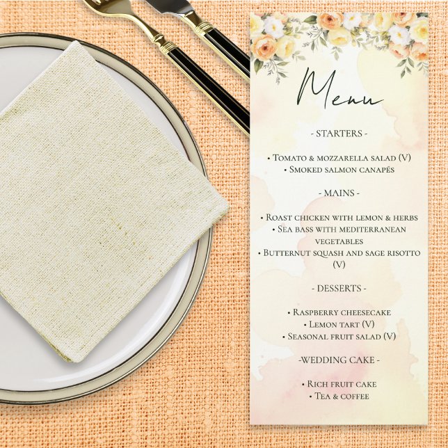 Elegant Rustic Floral Watercolor Wedding Menu (A customizable wedding menu card, with peach, yellow and white roses in a watercolor style)