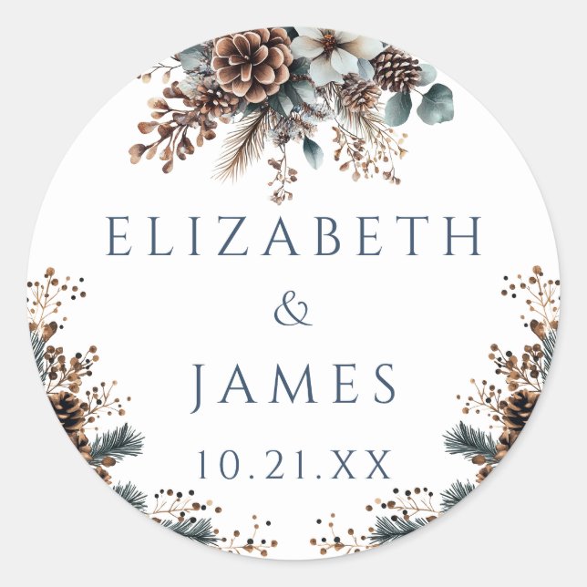Elegant Rustic Forest Floral Pinecones Wedding Classic Round Sticker (Front)