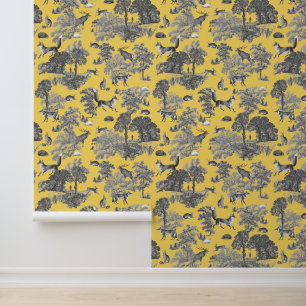 Elegant Rustic Fox Forest Animals Yellow Toile Wallpaper