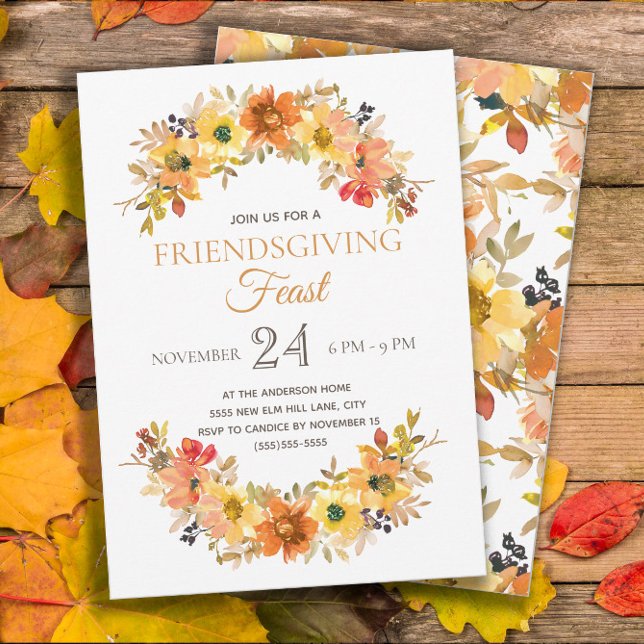 Elegant Rustic Friendsgiving Feast Dinner Invitation (Friendsgiving Dinner invitation with pretty orange and yellow watercolor flowers)