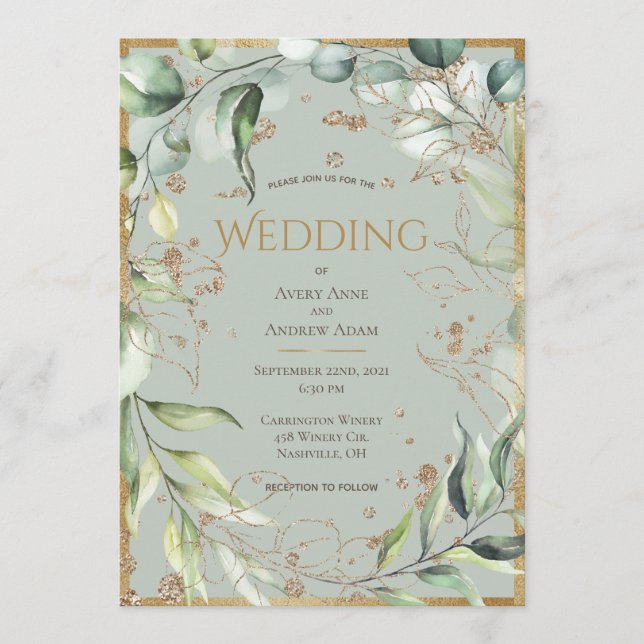 Elegant Rustic Gold Eucalyptus Wedding  Invitation (Front)