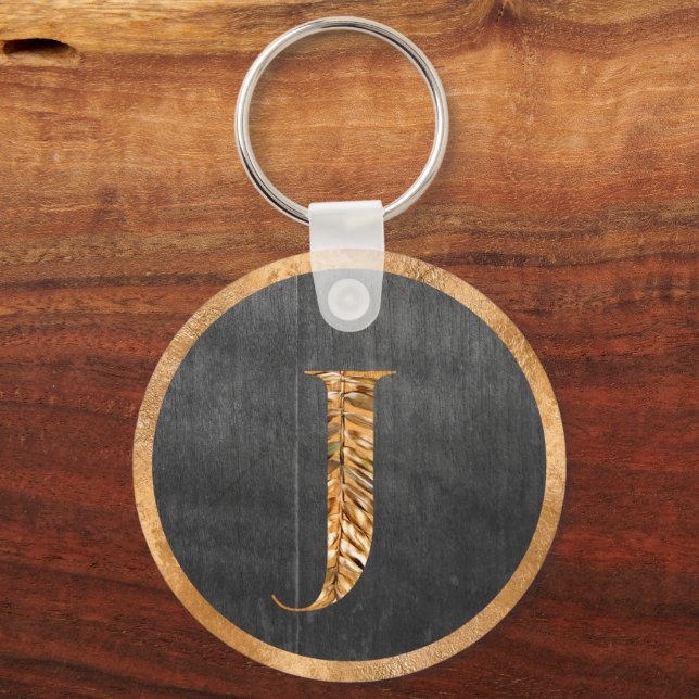 Elegant Rustic Gold & Grey Personalised Monogram Key Ring (Front)