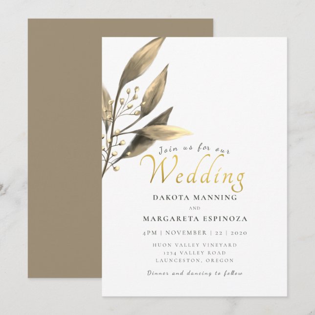 Elegant rustic gold script brown leaf wedding invitation (Front/Back)