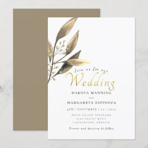 Elegant rustic gold script brown leaf wedding invitation