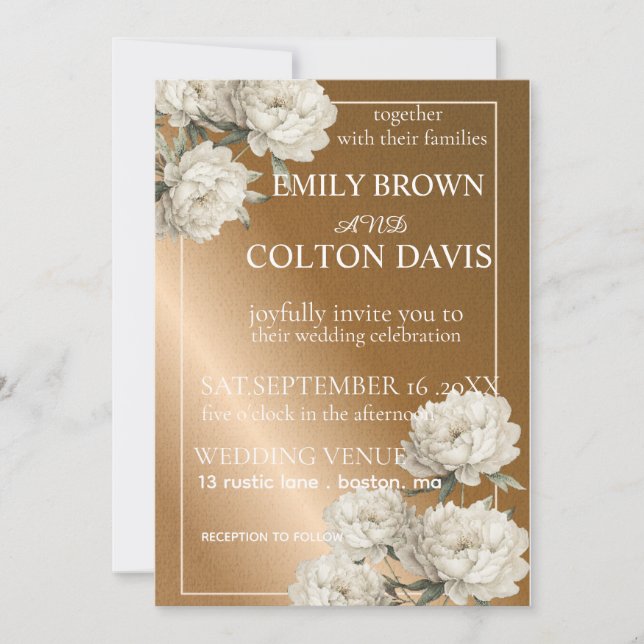 Elegant Rustic Gold wedding invtation with flowers Invitation (Front)