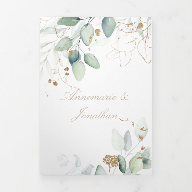 Elegant Rustic Green & Gold Eucalyptus Wedding Tri-Fold Card (Cover)