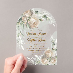 Elegant Rustic Greenery  and White Roses Wedding Acrylic Invitations