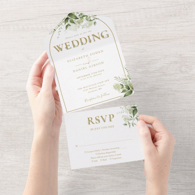 Elegant Rustic Greenery Gold Arch Wedding All In One Invitation (Tearaway)