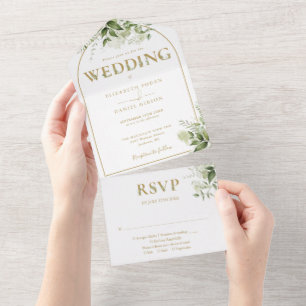 Elegant Rustic Greenery Gold Arch Wedding All In One Invitation