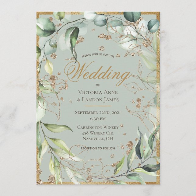 Elegant Rustic Greenery Gold Eucalyptus Wedding Invitation (Front)
