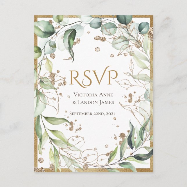 Elegant Rustic Greenery Gold Glitter Wedding RSVP Postcard (Front)