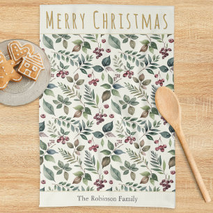 Elegant Rustic Greenery Personalized Christmas Tea Towel