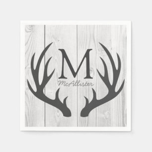 Elegant Rustic Grey Deer Antlers White Faux Wood Napkin
