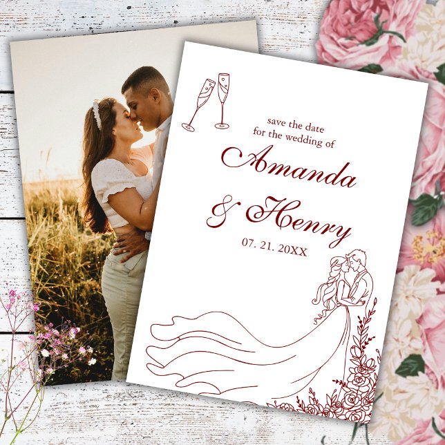 Elegant Rustic Hand Drawn Couple Burgundy Photo  Save The Date (Creator Uploaded)