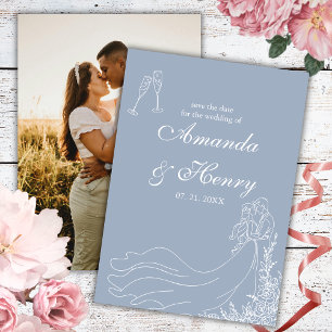 Elegant Rustic Hand Drawn Couple Dusty Blue Photo Save The Date