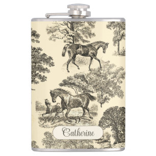 Elegant Rustic Horses Trees Beige Tan Toile  Hip Flask