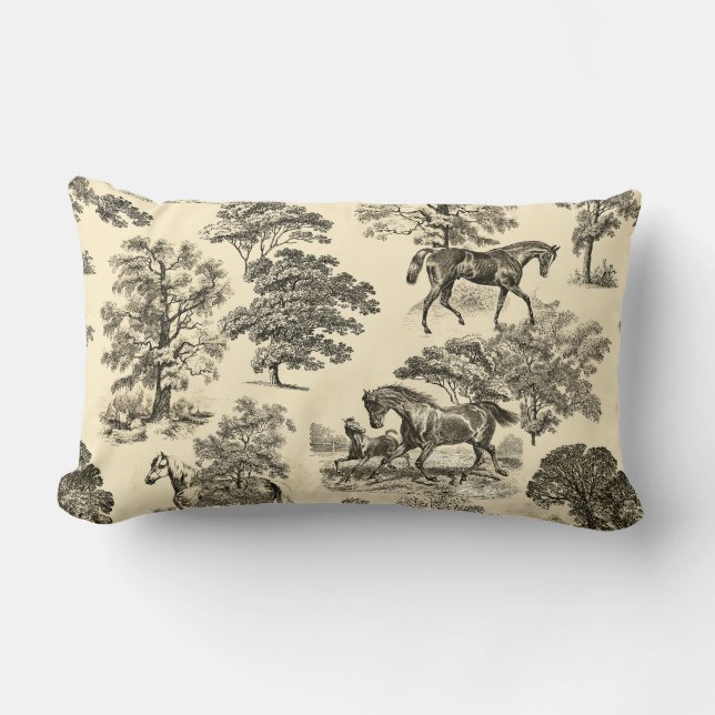 Elegant Rustic Horses Trees Beige Tan Toile  Lumbar Cushion (Front)