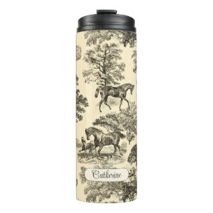 Elegant Rustic Horses Trees Beige Tan Toile Thermal Tumbler