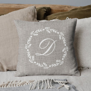 Elegant Rustic Initial Wreath Cushion