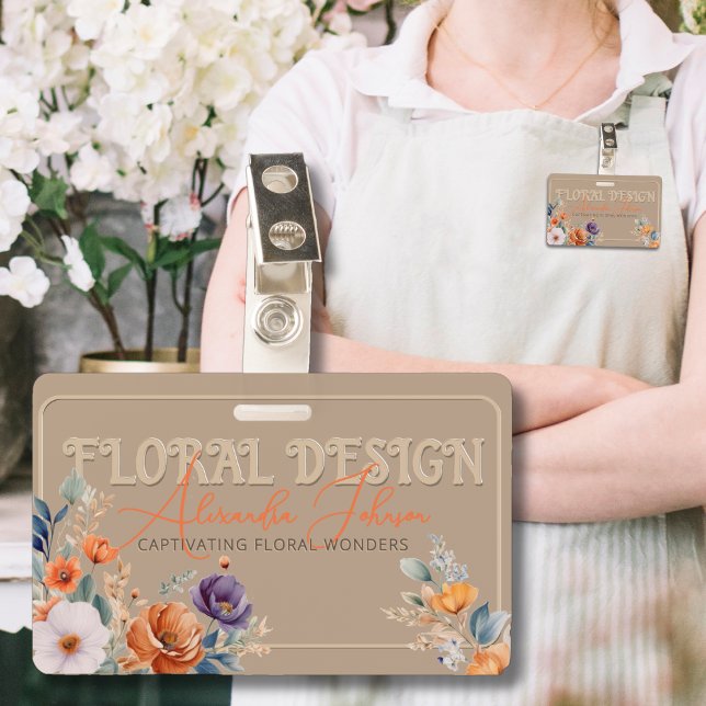 Elegant Rustic Kraft Boho Floral Design Embossed  ID Badge (Creator Uploaded)