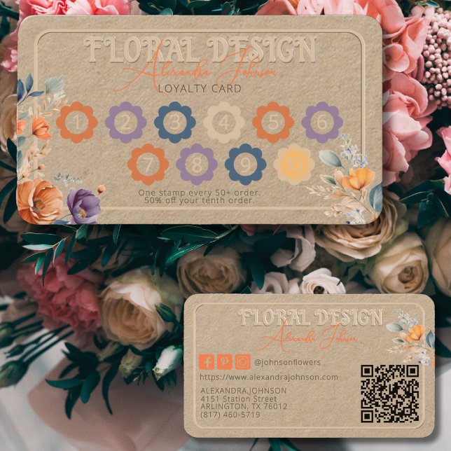 Elegant Rustic Kraft Boho Floral Design Embossed  Loyalty Card (Creator Uploaded)