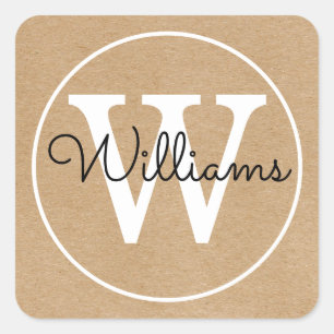 Elegant Rustic Kraft Family Name Monogram Square Sticker