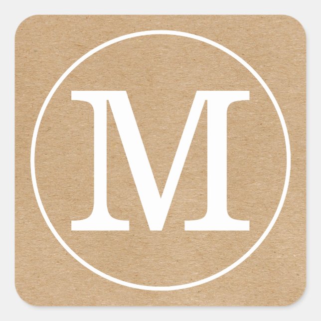 Elegant Rustic Kraft Monogram Square Sticker (Front)
