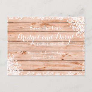 Elegant Rustic Lace and Wood Save-the-Date Wedding Announcement Postcard