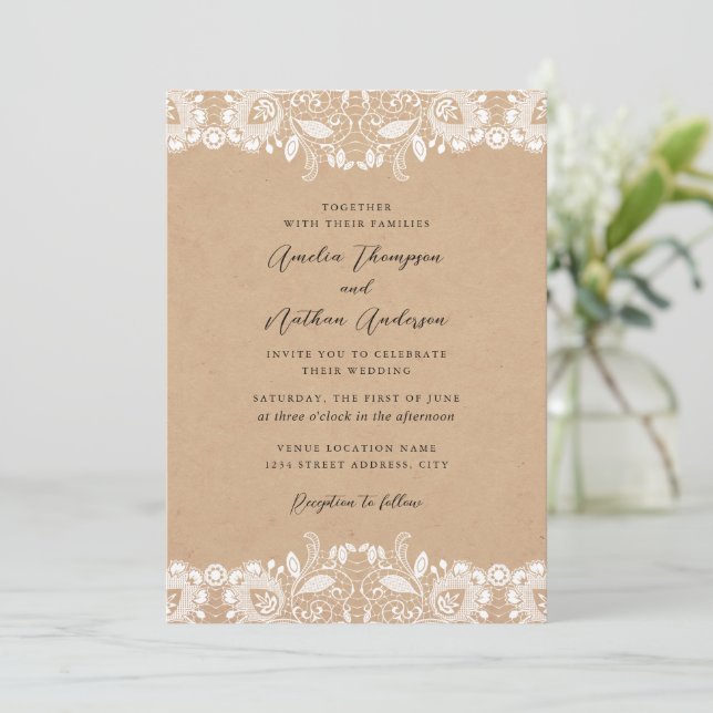 Elegant Rustic Lace Wedding Invitation (Standing Front)