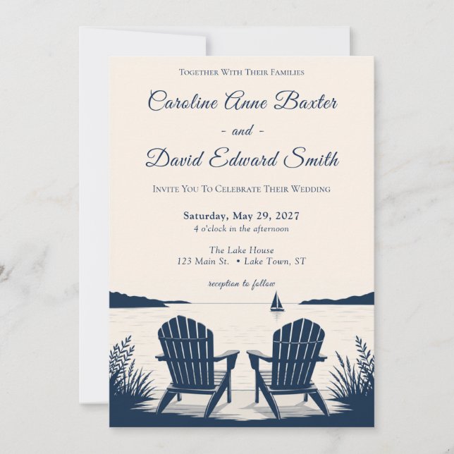 Elegant Rustic Lakeside Adirondack Chairs Wedding Invitation (Front)