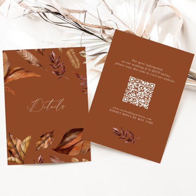 Elegant Rustic Leaves QR code Wedding Terracotta Enclosure Card (Creator Uploaded)