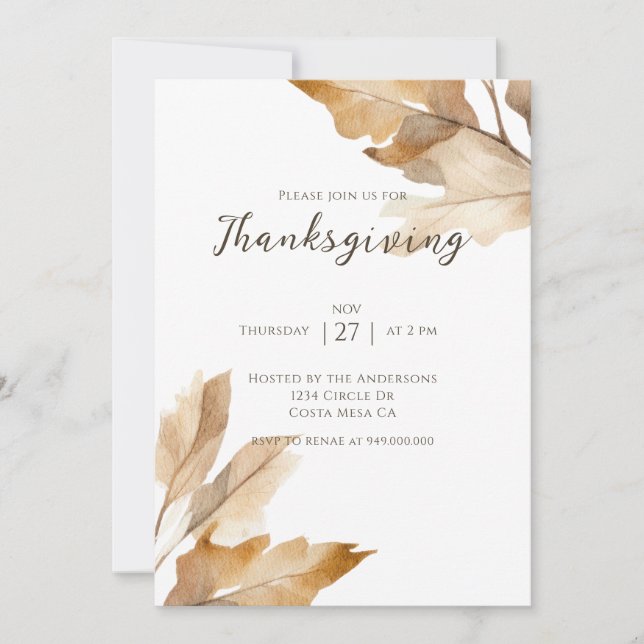 Elegant Rustic Leaves Thanksgiving Dinner  Invitation (Front)