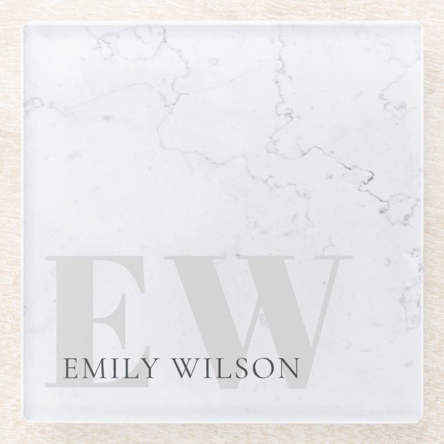 Elegant Rustic Marble Stone Ivory Grey Monogram Glass Coaster (Front)