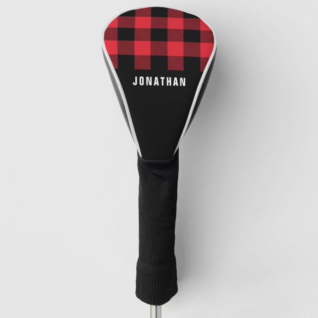 Elegant Rustic Masculine Black Red Buffalo Plaid Golf Head Cover (Front)