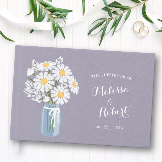 Elegant Rustic Mason Jar Daisies Wedding Lavender Guest Book (Creator Uploaded)