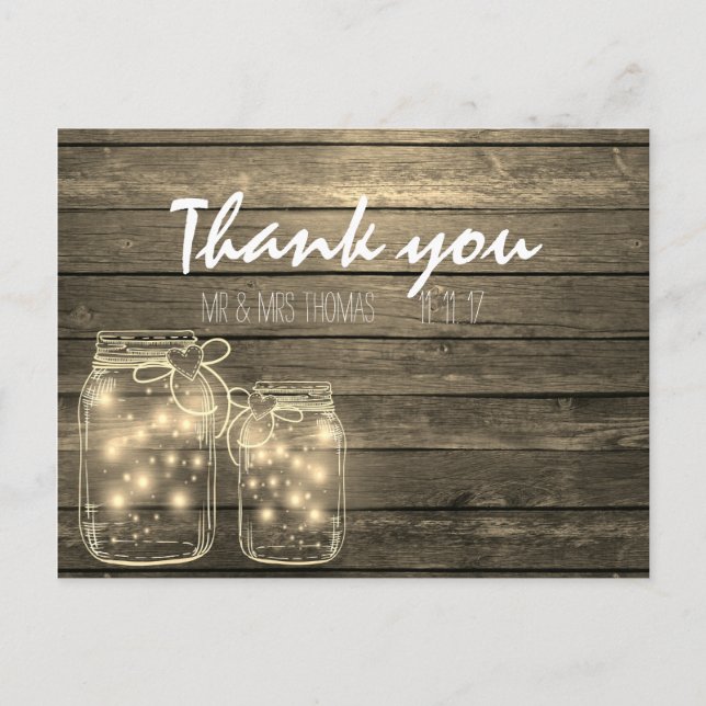 Elegant Rustic Mason Jar Lights Thank You Postcard (Front)