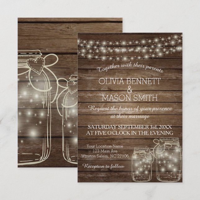 Elegant Rustic Mason Jar Lights Wedding Invitation (Front/Back)
