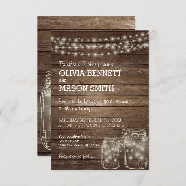 Elegant Rustic Mason Jar Lights Wedding Invitation (Front/Back)