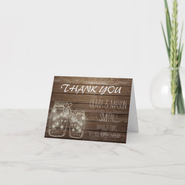 Elegant Rustic Mason Jar Lights Wedding Thank You Card (Front)