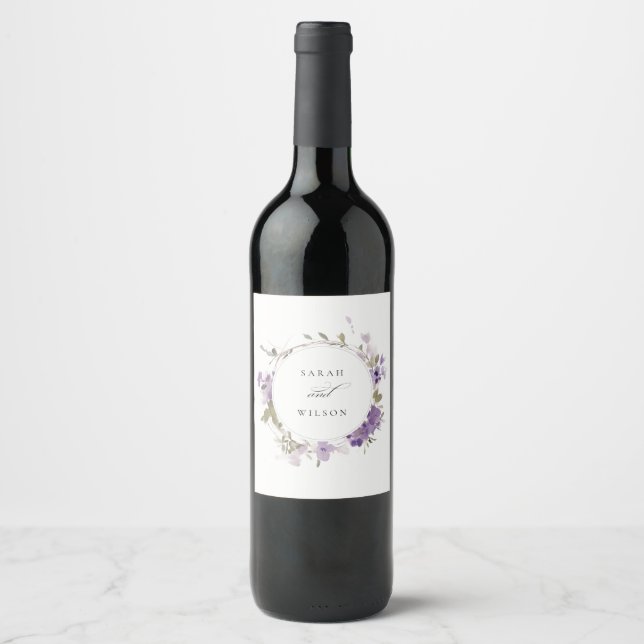 Elegant Rustic Meadow Lilac Floral Wreath Wedding Wine Label (Front)