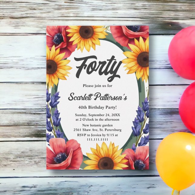 Elegant Rustic Meadow Summer Floral 40th Birthday Invitation (Creator Uploaded)