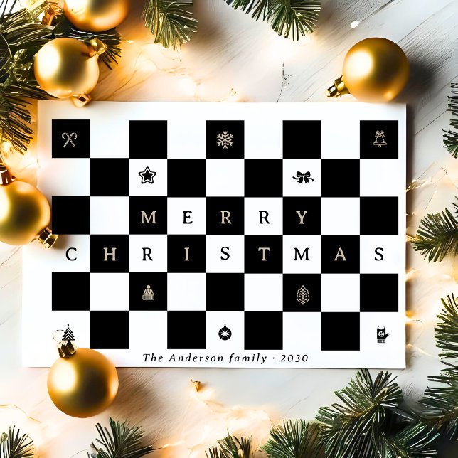 Elegant Rustic Merry Christmas Chequerboard Holiday Card (Creator Uploaded)