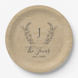 Elegant rustic modern family monogram paper plate
